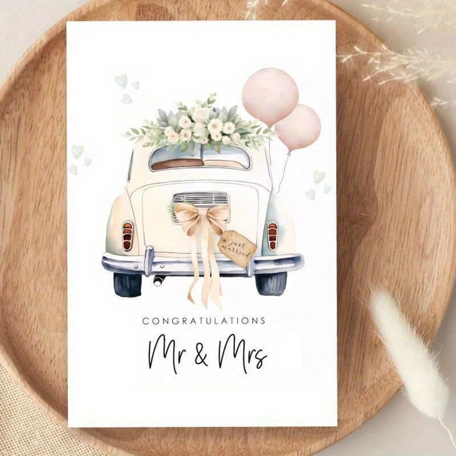 Wedding congratulations card with an old car and p...