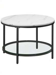Coffee Table, Living Room Table, Sofa Cocktail Table Faux Marble Round, Tempered Glass Storage Shelf, Easy To Assemble, Modern Style, For Living Room, Marble White And Ink Black - White - View 7