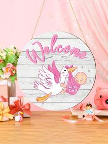 粉色木质迎婴门牌，2 件套，女婴性别识别门牌，欢迎标志，悬挂花环，圆形乡村风格木质农舍装饰，节日前门装饰，房间装饰和婴儿淋浴间装饰，门廊派对用品，木质悬挂装饰，扁平悬挂，木质悬挂家居装饰，悬挂标志门牌。（约 11.81 英寸） - 粉色 - 查看 3