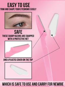 Misslyn -1pc Eyebrow Razors, Eyebrow Trimmer, Straight Handle Eyebrow Trimmer Beauty Tools, Unisex Stainless Steel Depilation Device With Protective Cover, Suitable For Beginners To Avoid Facial Or Body Scratches, Eyebrow Hair Trimmer And Shaver With Protective Cover,Safe And Newbie Friendly - Pink - View 3