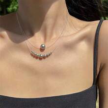 1pc Silver Pearl Necklace, Minimalist Design, Delicate Women's Choker Necklace - Temperament Double Layer Pearl - View 4