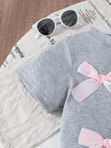 Girls Summer Fashion Bow Decor Suit, Round Neck Short Sleeve Top + Asymmetric Hem Skirt, Casual Outdoor T-Shirt Set Suitable For 4-7 Years Old Girls, Daily, Outdoor, Street, Campus & Party Wear - Grey - View 5