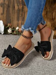 女士时尚户外蝴蝶结沙滩拖鞋，加大码度假凉鞋 - 黑色 - 查看 4
