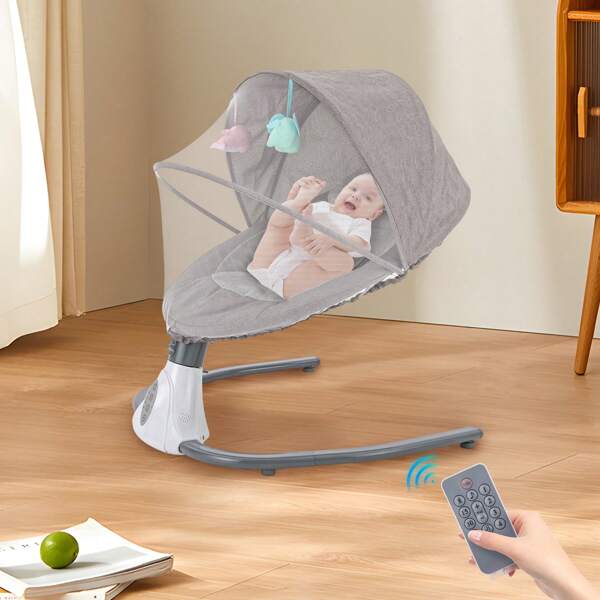 Smart Auto Schaukelstuhl Für Baby, Babywippe Baby Schaukel Kinderwagen, Hochwertige Bettwäsche & Weicher Stoff, 4 Geschwindigkeits- Und 4 Timer-Einstellungen, Abnehmbare Puppen, Moskitonetz, Usb-Aufladen, Sichere U-Förmige Basis, Grau/Pink/Blau, 64.5x73x71cm