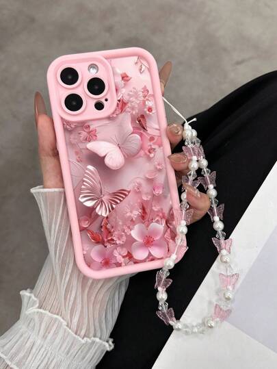 Butterfly Painted Recessed Pink Wrist Strap Shockproof Slim Fashionable Phone Case Compatible With IPhone 16, IPhone 15, IPhone 15 Pro Max, IPhone 13, IPhone 14 Pro Max, IPhone 7, IPhone 8, IPhone 7 Plus, IPhone 8 Plus, IPhone 12 Pro Max, IPhone 13 Pro Max, IPhone 14 Pro Max, IPhone 13, IPhone 14, IPhone 11, IPhone 12, IPhone 14 Women Soft Anti-Drop XS/S/XS MAX/78GES Waterproof Scratch Resistant