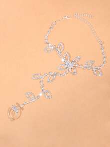 1pc Fashionable & Elegant Silver-Colored Zirconia Leaf Linked Foot Chain - Silver - View 3