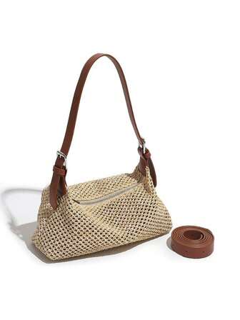 编织草编腋下包，法式简约风夏季女士单肩斜挎包，小众复古女包，轻巧百搭沙滩包，适合度假、旅行、日常佩戴