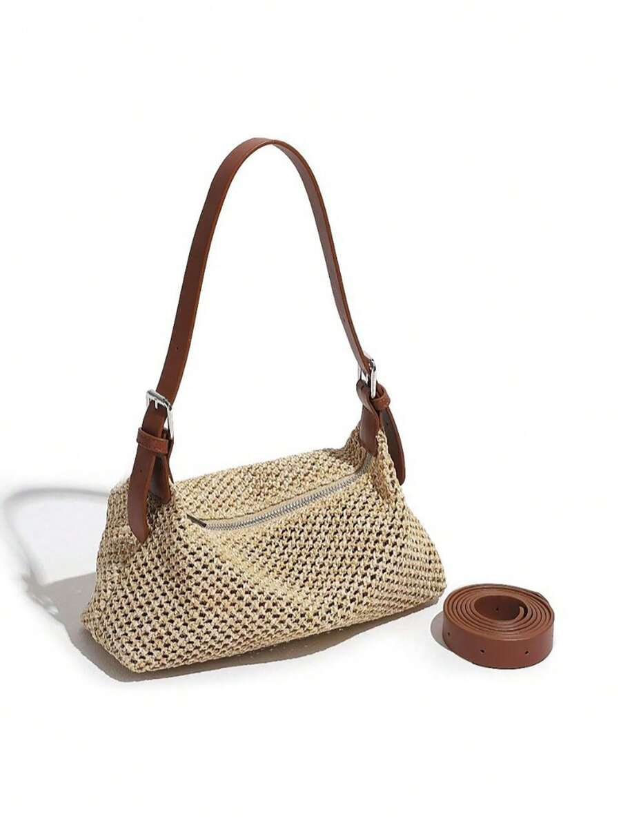 编织草编腋下包，法式简约风夏季女士单肩斜挎包，小众复古女包，轻巧百搭沙滩包，适合度假、旅行、日常佩戴 - 卡其色 - 查看 1