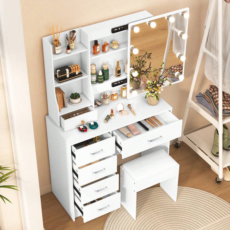 Vanity Desk With Mirror And Lights & Chair, 6 Drawers 6 Shelves Cheap Makeup Vanity For Girls Adults Bedroom, 3 Modes Light Adjustable & Mirror Dressing Table, White - trắng - Xem 1