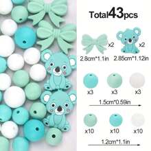 36/38/43pcs Cute Silicone Bead Set, 12mm/15mm Solid Color Koala Pattern Round Loose Beads, Used For DIY Jewelry Making, Key Chain, Pen Strap, Bracelet, Necklace, Pendant Handcraft Supplies