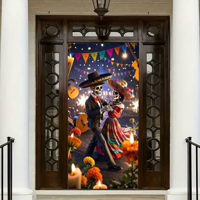 2D Türschild: 1 lebendiges tanzendes Skelett-Paar Türschild - 35x70 Zoll Polyester 2D Party Dekoration, geeignet für den 1. Mai, den Totentag und allgemeine Heim-Dekoration, keine Stromversorgung nötig, geeignet für Eingänge, Wohnzimmer, Schlafzimmer, Küchen und Büros, Feiertag Heim-Dekoration| Farbenfrohe Party-Dekoration | Polyester Türschild, Totentag Dekoration