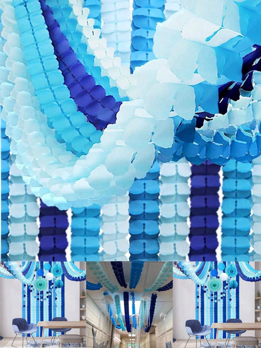 12件/套 - 60英尺（18米）三叶草花环，蓝白流苏纸质悬挂花环，可重复使用，适合主题派对、婴儿派对、毕业典礼、婚礼、家庭聚会、海军蓝海洋主题派对等。