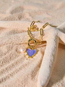 Tropiscape 1pc 18K Gold Plated Cute Pink Blue Enamel Heart Pendant Necklace For Women Girls Collar Jewelry Party Gift Valentines Autumn Winter Gifts