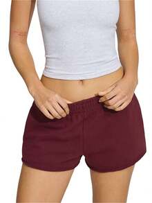 Pantalones cortos de yoga casuales de verano para mujer, color liso, cintura elástica, estilo jogger holgado. - Rojo - Ver 6