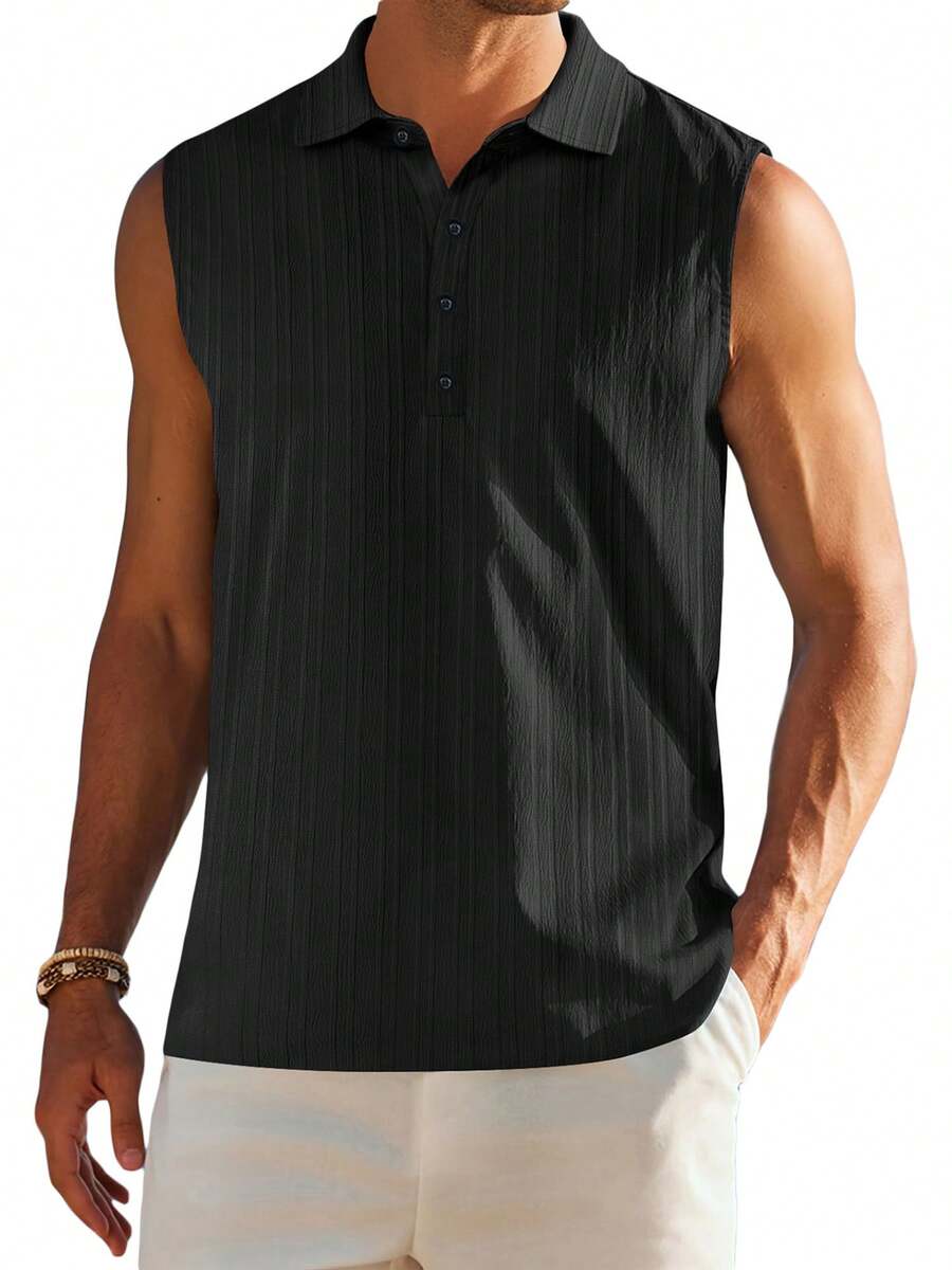Mens Sleeveless Summer Shirts Beach Tank Tops Button Up Textured Tank Shirt For Vacation - Black - View 1