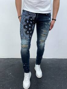 Men's Dark Wash Bandana Patch Skinny Jeans With Rips And Paint Splatter - Grey - View 4