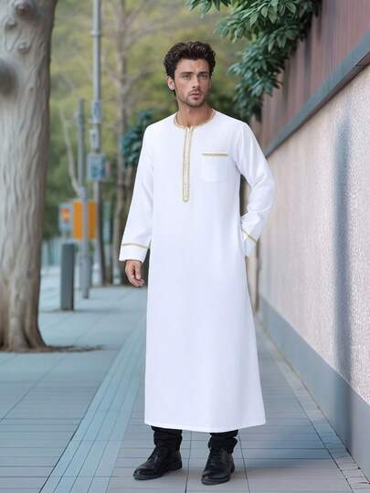 Men's Saudi Dubai Style Black Thobe/Kandura - Middle Eastern Islamic Muslim Robe For Eid Ramadan Prayer, Long Sleeve Loose Fit Arabic Long Robe For Men, Saudi Style Ramadan Prayer Robe,Lightweight Arabic Prayer Robe, Black Eid Ramadan Islamic Dress Kandura