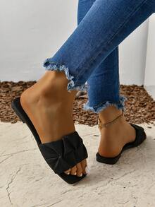 Women's Summer Fashion Pleated Strap Square Toe Casual Versatile Outdoor Beach Slippers, Solid Color Flat Sandals