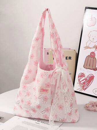 1Pc Pink Flower Lace Shoulder Bag, Embroidered Flower Aesthetics, Fashionable And Casual Large Capacity Handbag, Tablet Storage Bag, Sanitary Napkins, Bag Mat, Wired Earphones, Charger, Cosmetics, Laptop, Home Decoration, Suitable For Moms, Female Students, Office Workers, Logistics, Keys, Holiday Gifts