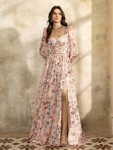 Faeriesty 印花优雅花卉印花长裙，修身紧身胸衣和甜心领口 - 主教袖和深 V 形背部细节，适合花园派对、户外婚礼和春季庆典 - 珊瑚粉 - 查看 3