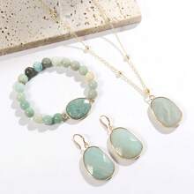 4Pcs/Set 2024 Luxury Jewelry Set For Women - Elegant Light Green Oval Stone Pendant Necklace, Matching Earrings & Adjustable Beaded Bracelet, Retro Chic Dainty Jewelry, High-Quality Gift Set For Mother's Day, Birthday, Anniversary - 綠色 - 查看 4