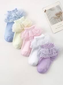 5双春夏女童/幼儿女童袜，甜美可爱公主风蕾丝荷叶边袜，亲肤柔软舒适，时尚蕾丝边袜，适合日常穿着、搭配公主裙、送礼、返校、婚礼等场合。 - 彩色 - 查看 3