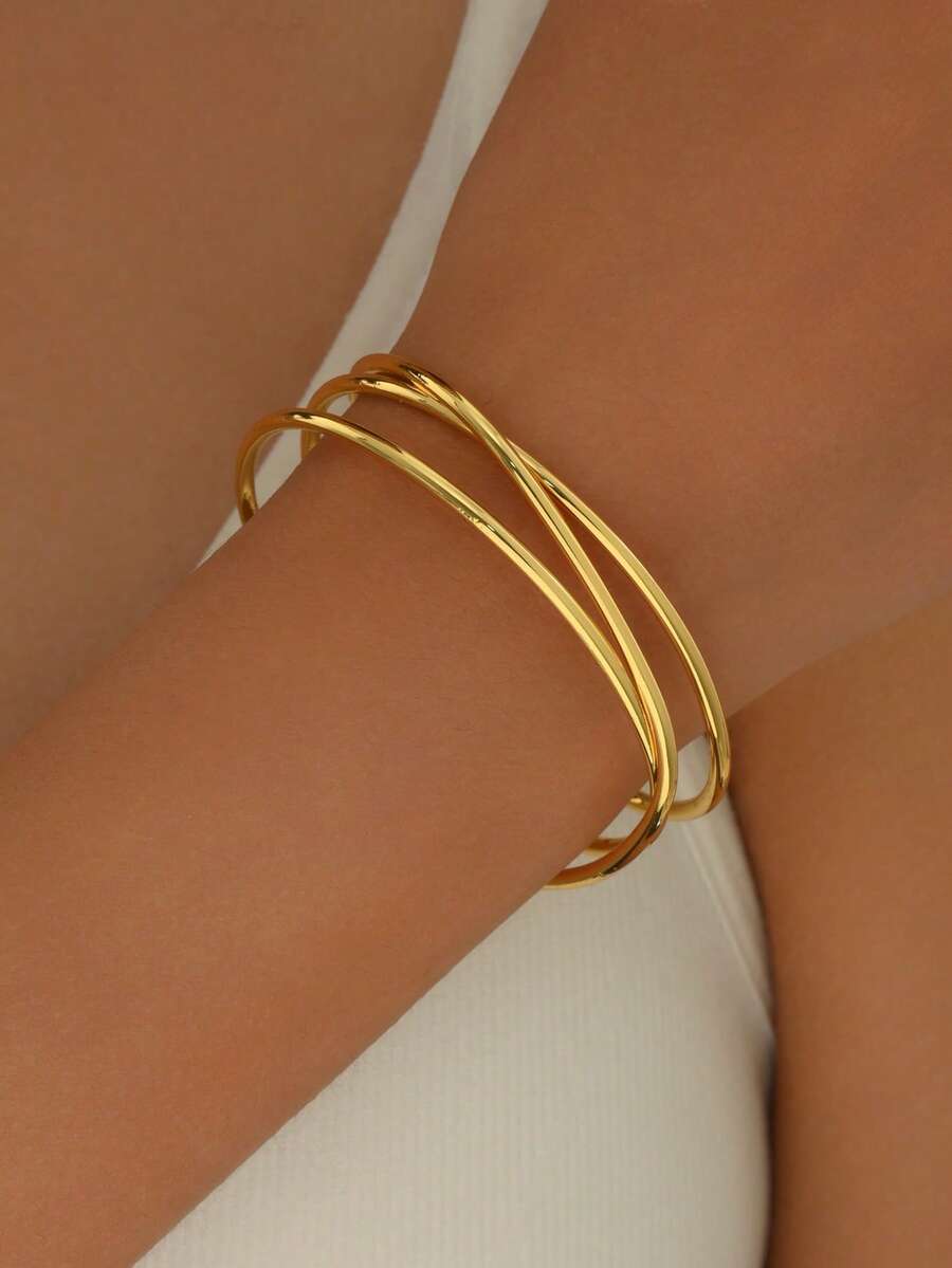 1 件幾何多層交叉銅袖口手鍊,時尚百搭,適合女士日常佩戴 - 金色 - 查看 1