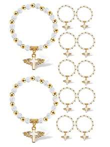 60 piezas Pulseras elásticas con cuentas en forma de cruz, vienen con bolsa de organza, adecuadas para primera comunión, Eid, , cumpleaños, regalos para reuniones diarias, despedida de soltera, recuerdos - Multicolor-12 juegos - Ver 1