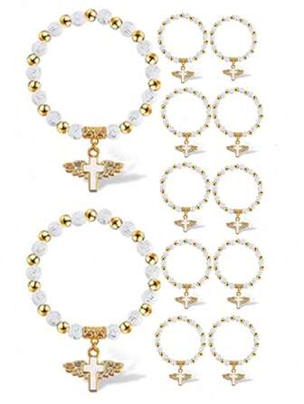 12pcs Cross Beaded Stretch Bracelets, With Organza Pouch, Suitable For First Communion, Eid, Baptism, Birthday, Gathering, Bridal Shower, Souvenir Gifts