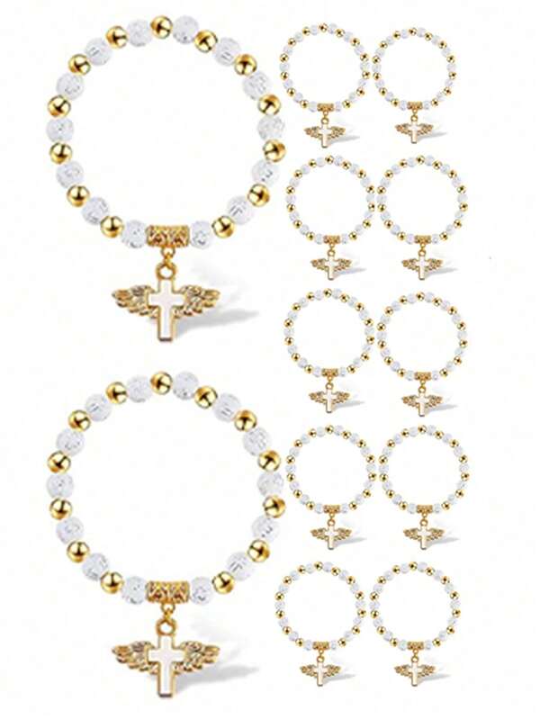 Set de 12 pulseras elásticas con cuentas en forma de cruz, con bolsa de organza, adecuadas para primera comunión, Eid, bautizo, cumpleaños, reuniones, despedida de soltera, regalos de recuerdo