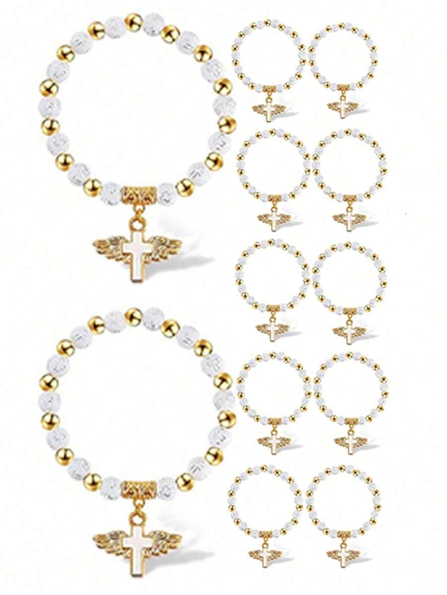 60 piezas Pulseras elásticas con cuentas en forma de cruz, vienen con bolsa de organza, adecuadas para primera comunión, Eid, , cumpleaños, regalos para reuniones diarias, despedida de soltera, recuerdos - Multicolor-12 juegos - Ver 1