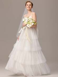 Luxurious Tulle Spaghetti Strap Tiered Wedding Dress With Back Bow Bridal Gown For Beach Garden Wedding Party - White - View 5