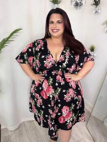 Enliva Jennifer_samantha_style Plus Floral Print Butterfly Sleeve A-Line Dress, For Apple Rounded Body Shape - Multicolor - View 6