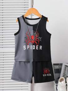 Set de 2 piezas de camiseta sin mangas y shorts estampados con diseño de araña, de estilo deportivo y casual, para niños pequeños, para verano