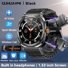 GUHUAVMI 2025 New TWS Earphones Smartwatch 2-In-1, 1.53'' HD Screen, HiFi Sound Effects, Built In Earbud, Wireless Call, NFC Smart Watch, Fitness Tracker With Pedometer, Heart Rate Sleep Monitor Smartwatch, Sports Music Watch, Compatible With IOS And Android, Compatible With Galaxy Watch 7 Ultra
