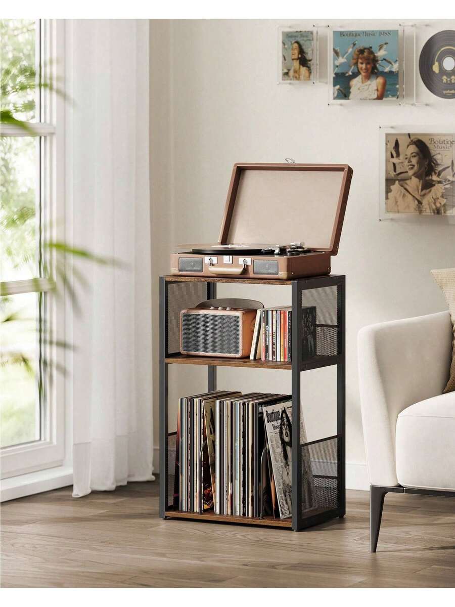 Record Player Stand, 3-Tier Side Table, Vinyl Record Storage Up To 100 Albums, End Table For Living Room, Bedroom, Rustic Brown - 復古色 - 查看 1