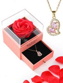 1 Set Artificial Rose Gift Box Necklace, "I Love You" In 100 Languages Necklace, Mother's Day, Valentine's Day Gift For Mom, Wife, Daughter, Grandma, Granddaughter