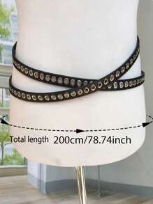 1pc Women's Extra Long Double Layer Casual Punk Vintage Metal Buckle Rivet Belt, Western Cowgirl Style Skinny Leather Belt For Daily Or Party Wear Halloween Summer, School