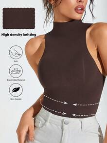 Women's Stand Collar Sleeveless Bodysuit For Abdomen & Waist Shaping - Brown - View 5