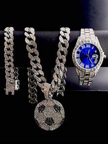 Luxury Alloy Men's Quartz Watch, With Rhinestone Rhinestone Crystal And Date, Paired With A Hip-Hop Pair It With A Football Pendant Full Of Rhinestones Cuban Necklace And Bracelet Set - Necklace Set - View 4