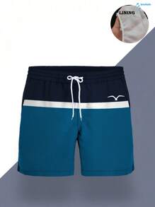 Pantalones cortos de playa de verano para hombres con cintura con cordón, bolsillos en diagonal, secado rápido de doble capa con forro de malla, estampado 3D colorido de gaviota, moda casual para playa