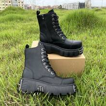 Retro Combat Boots For Women And Men Thick Sole With Zipper Soft Leather Metal Decoration Punk Style Unisex Ankle Boots - 黑色 - 查看 4