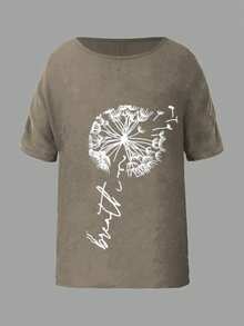 休闲度假风梭织纹理圆领蒲公英印花宽松短袖女式衬衫，春夏款