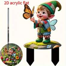 1 pièce Piquet de jardin en acrylique plat 2D, représentant un gnome imaginatif et un papillon - décoration extérieure vibrante pour les jardinières, les patios et les pelouses - imperméable et résistant aux rayures - cadeau de vacances parfait pour la famille et les amis, décoration de jardin, style aléatoire 2D plat