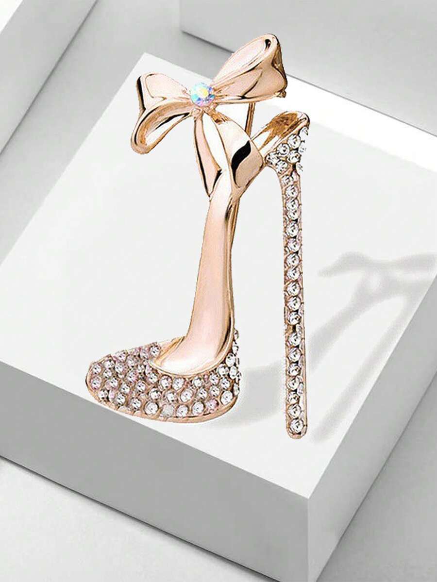 Elegant Rhinestone-Encrusted Gradient Bow Brooch Pin - Chic Alloy Fashion Accessory For Women's Blazers, Cardigans & Shawls, With Sparkling High Heel Design - 0091 - View 1