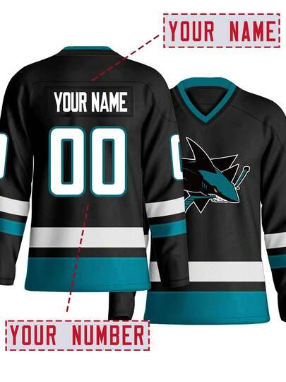 Customizable Name And Number Men's Ice Hockey Sports Shirt Shark Black Embroidered Casual Outdoor Sports Long Sleeves Ice Hockey Jersey Custom Size S-XXL,Stylish,Fashion,Hipster,Casual,Minimal Chic,Personalized,Customized,Custom,Unique,Guy Costumes,Capsule Wardrobe,Men Basic/Street Style,Ideal Gifts For Him,Boyfriend,Family,Friends,For Birthdays,For Vacation/Holiday,For School/Competition,For Sports/Climbing