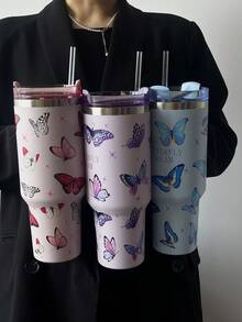 1 个 40 盎司-14 盎司大容量蝴蝶和花朵印花不锈钢隔热杯带手柄，适合旅行、学校、办公室、户外、健身房、家居以及送给女性、青少年、节日、生日的绝佳礼物（带吸管） - 彩色 - 查看 6