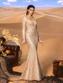 Faeriesty Haute Glamour Elegant Glamorous Beaded Mermaid Gown With Sweetheart Neckline & Pearls Detail – Long-Sleeved Sheer Fabric Design For Luxury Gala Events & Red Carpet Glamour