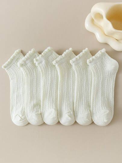 6 Pairs Women's Beige Short Socks, Cute All Season Versatile Casual Socks, Cable Knit, Small White Socks, Princess Style, Spring/Summer