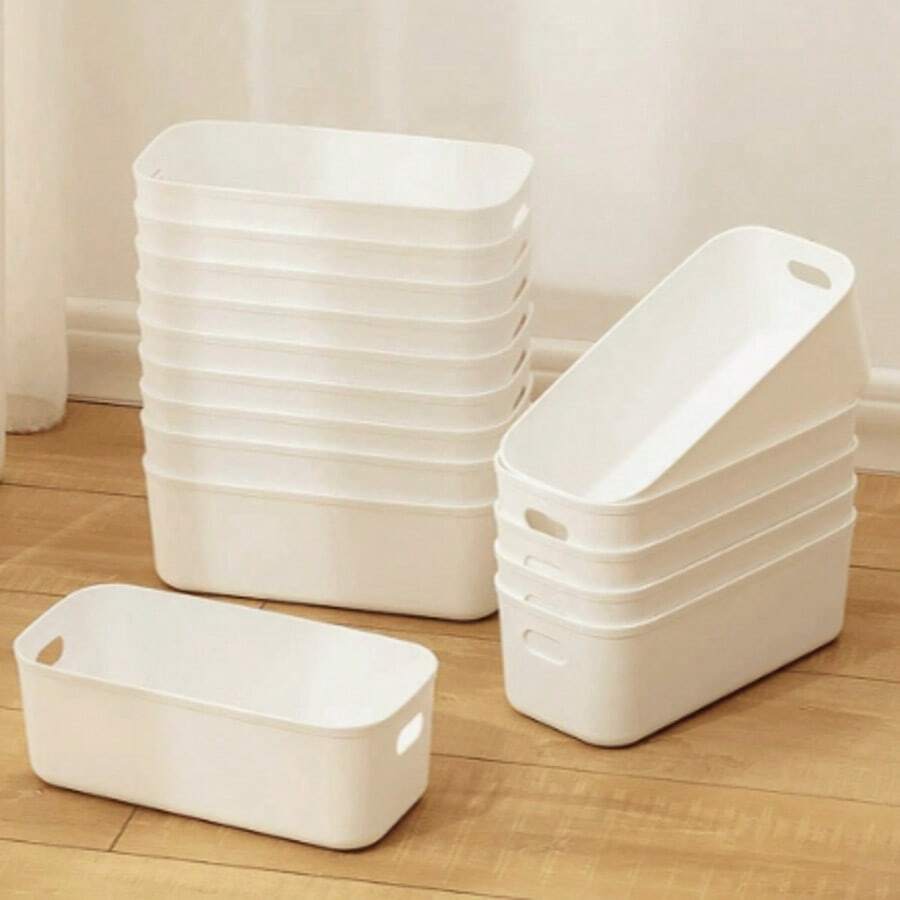 10 piezas Cajas de almacenamiento de plástico blanco con asas, Tamaño: 22,5 cm x 9 cm x 7,5 cm, Contenedores de almacenamiento de cajón de uso múltiple para guardería, juguetes, accesorios, estuches de teléfono, cocina, gabinete, oficina, baño, ahorro de espacio - Caja de almacenamiento - Ver 1